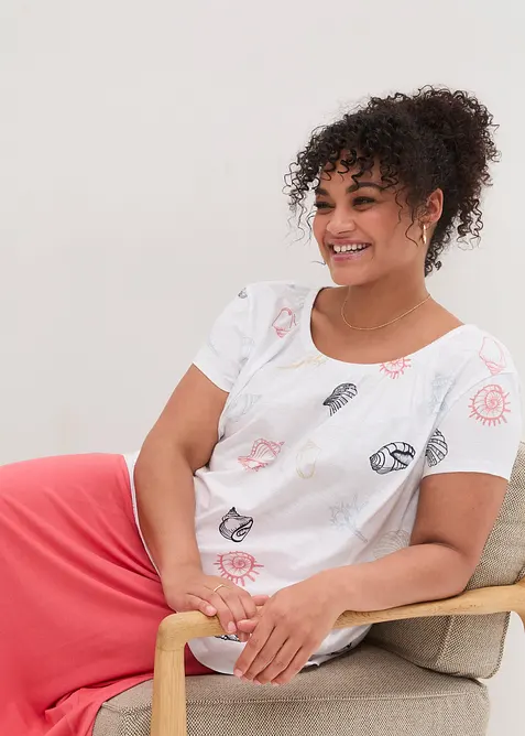 Mönstrad topp med rund halsringning, ekologisk bomull, bonprix