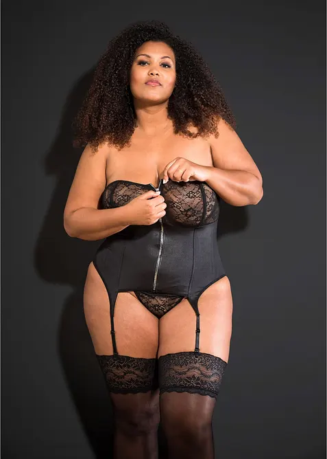 Korsett med strumpebandsh&aring;llare och stringtrosa (2 delar), bonprix