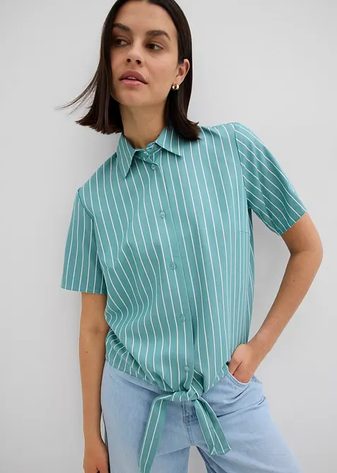 Kortärmad blus med rändder och knutdetalj, bonprix