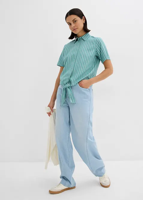 Kortärmad blus med rändder och knutdetalj, bonprix