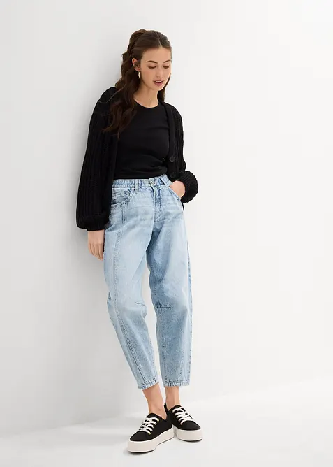 Barrel Jeans Mid Waist med bekv&auml;m midja, cropped, bonprix
