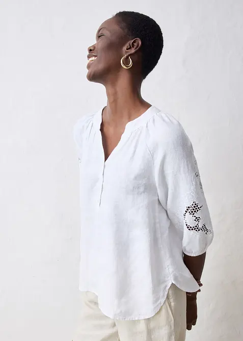 Tunika med h&aring;lbroderi i rent linne, bonprix