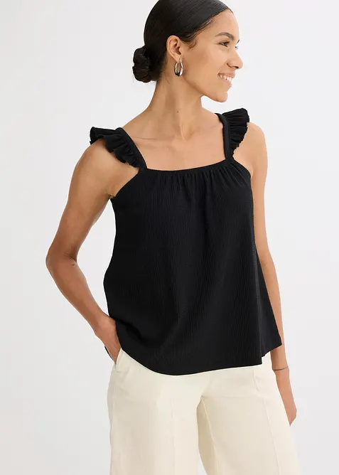 Kr&auml;ppat jerseylinne med volanger p&aring; axelbanden, bonprix