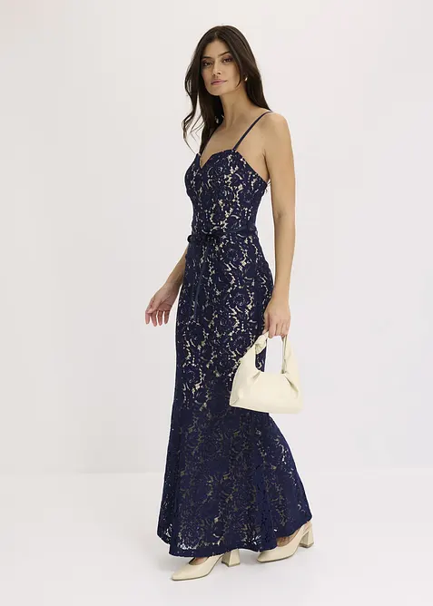 Spetsklänning med smala axelband och satinband, bonprix