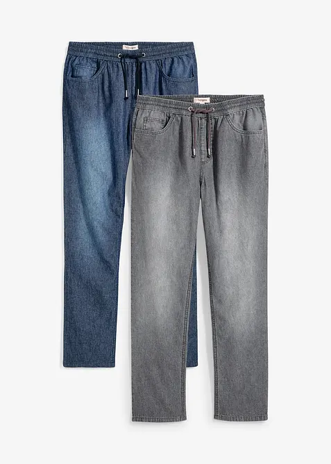 Dra p&aring;-jeans i somrig denim, klassisk passform (2-pack), bonprix