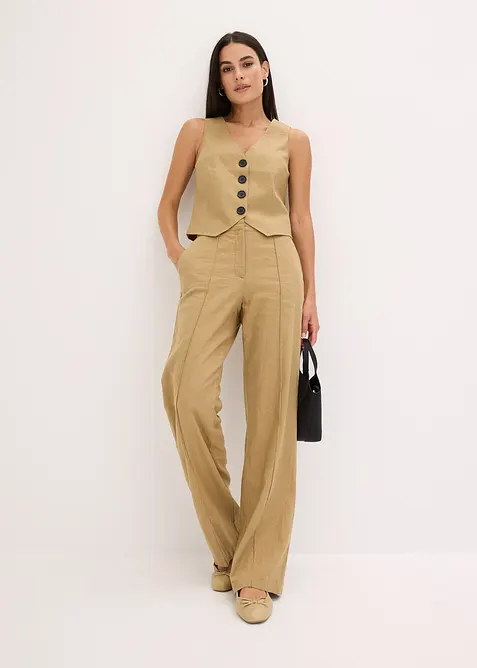 Byxa i linnemix med gubbveck och hög midja, bonprix