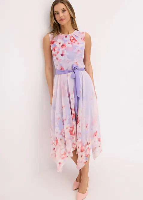 Chiffongklänning med flikig nederkant och knytband, bonprix