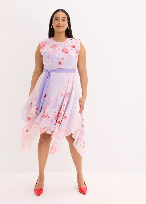 Chiffongklänning med flikig nederkant och knytband, bonprix