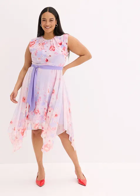 Chiffongklänning med flikig nederkant och knytband, bonprix