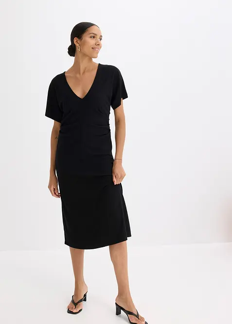 Ribbstickad jerseykl&auml;nning med rynk i sidan, bonprix