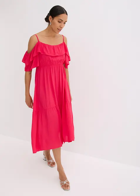 Klänning med volanger i viskos med struktur, bonprix