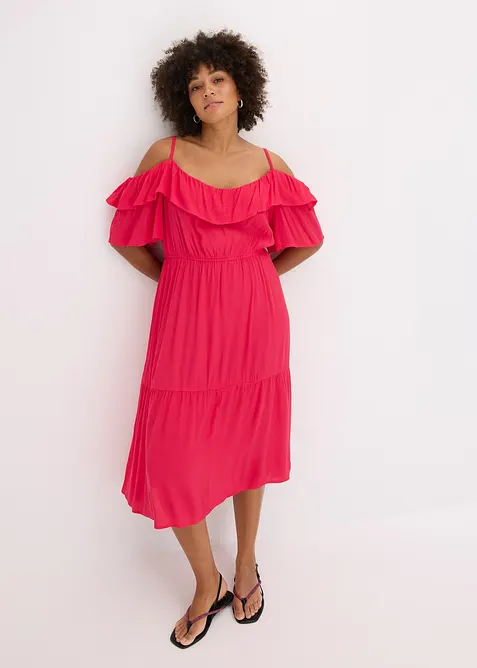 Klänning med volanger i viskos med struktur, bonprix