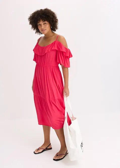 Klänning med volanger i viskos med struktur, bonprix