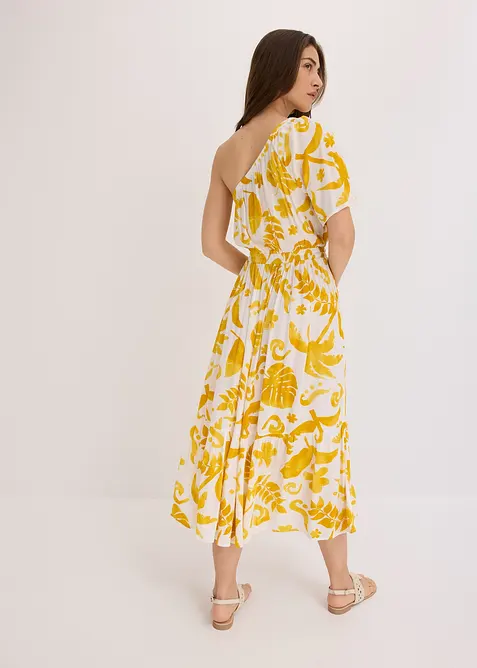 Mönstrad one shoulder-klänning i viskos med struktur, bonprix