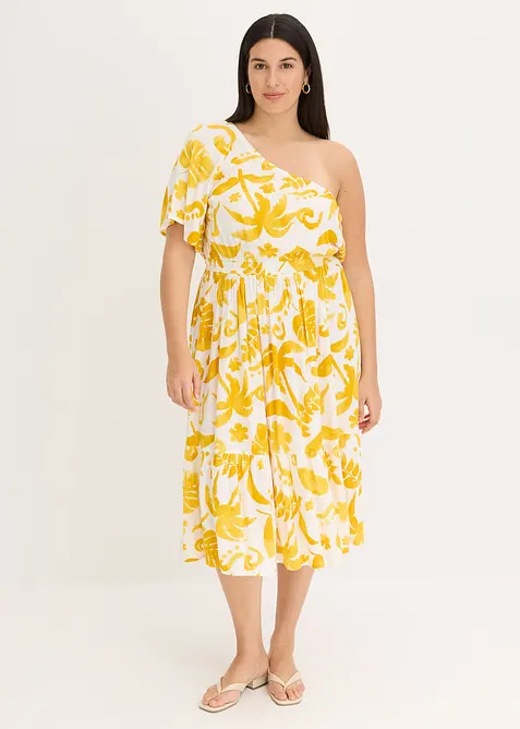 Mönstrad one shoulder-klänning i viskos med struktur, bonprix