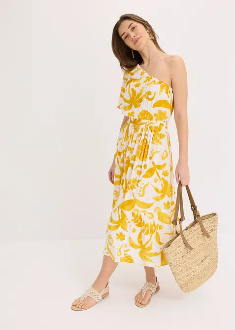 Mönstrad one shoulder-klänning i viskos med struktur, bonprix