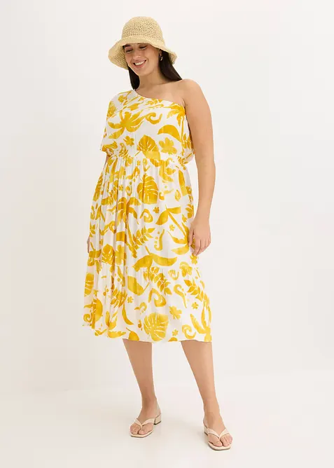Mönstrad one shoulder-klänning i viskos med struktur, bonprix
