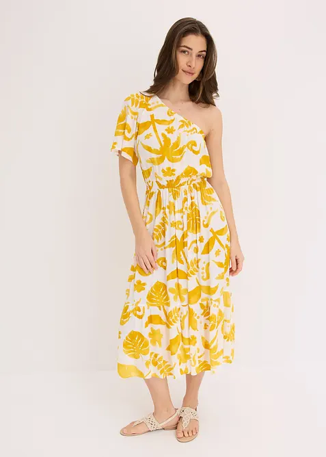 Mönstrad one shoulder-klänning i viskos med struktur, bonprix