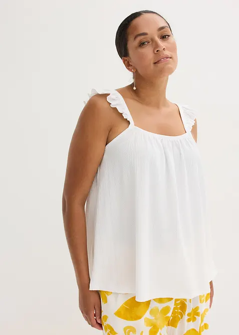 Kräppat jerseylinne med volanger på axelbanden, bonprix