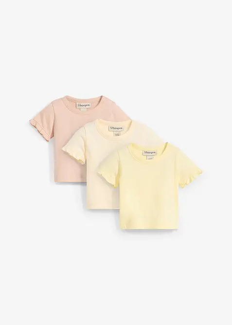 T-shirt f&ouml;r bebisar av ekologisk bomull med volanger (3-pack), bonprix