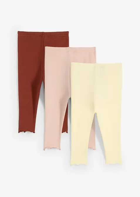 Ribbstickade leggings i ekologisk bomull med volanger för bebisar (3-pack), bonprix