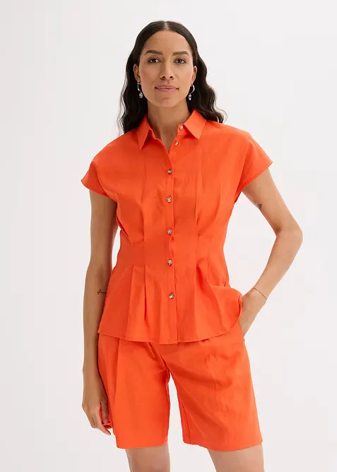 Kort&auml;rmad blus av luftig linnemix, bonprix