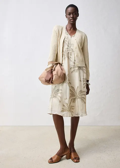 Hålmönstrad cardigan med linneandel, bonprix