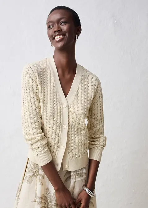Hålmönstrad cardigan med linneandel, bonprix