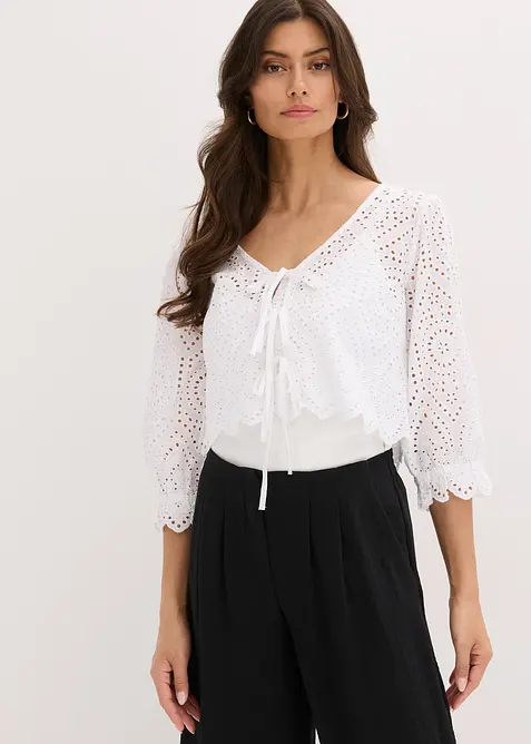 Blus med h&aring;lbroderi och puff&auml;rmar, bonprix