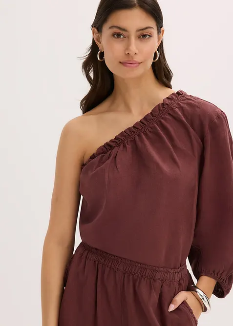 One shoulder-blus i linneblandning, bonprix