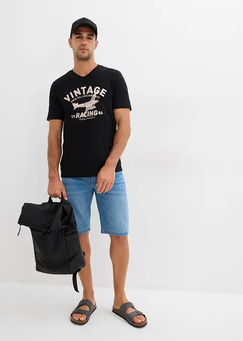 Jeansbermudas i trikå (2-pack), smal passform, bonprix