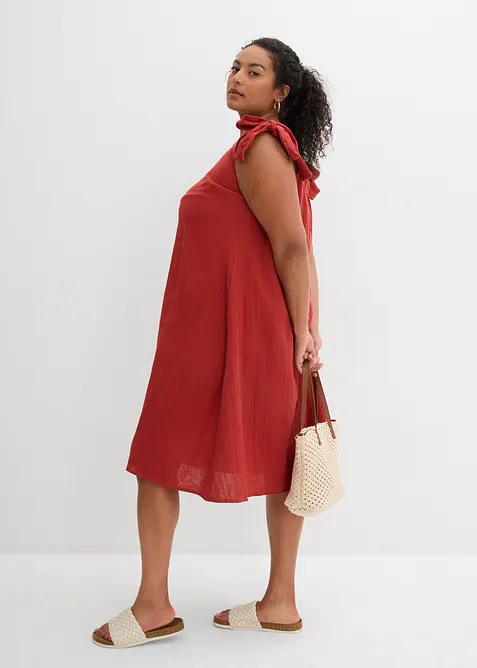 Klänning av mjuk muslin med axelband som knyts, bonprix