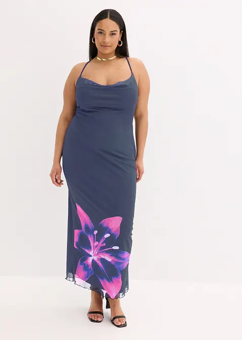 Klänning med axelband, av fintrådig mesh, bonprix