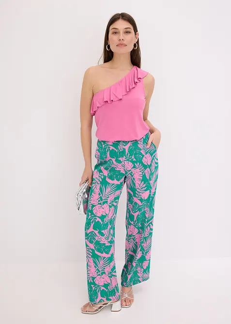 One shoulder-linne med volang i mjuk viskosmix, bonprix