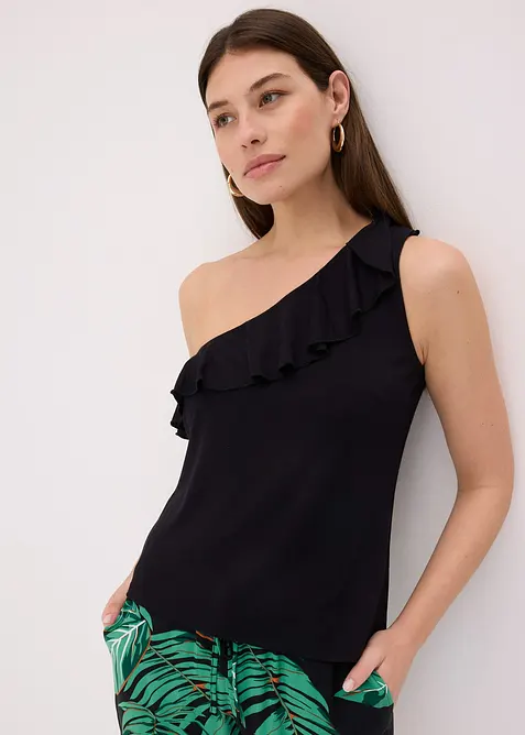One shoulder-linne med volang i mjuk viskosmix, bonprix