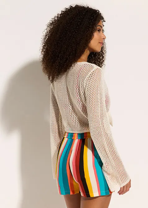 Kort strandcardigan med virkad look, bonprix