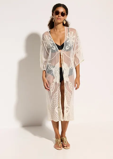 Transparent strandkimono med spets, bonprix
