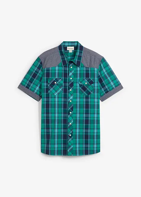 Kortärmad skjorta med denimbesättning, bonprix