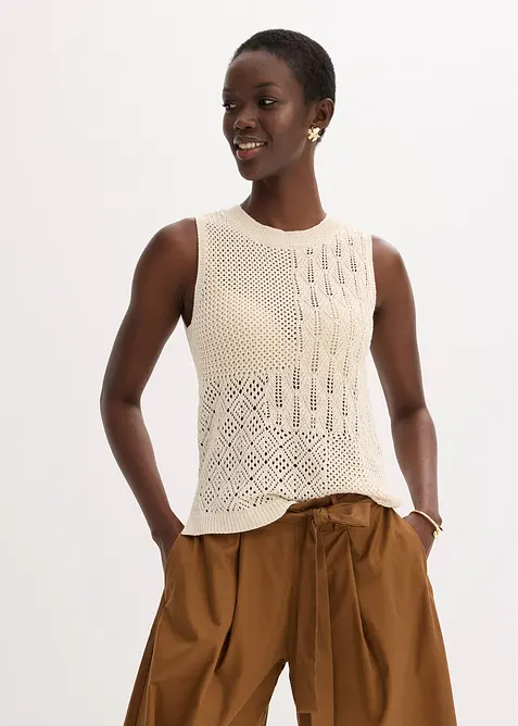 Stickad, &auml;rml&ouml;s topp med h&aring;lm&ouml;nster och Lurexgarn, bonprix