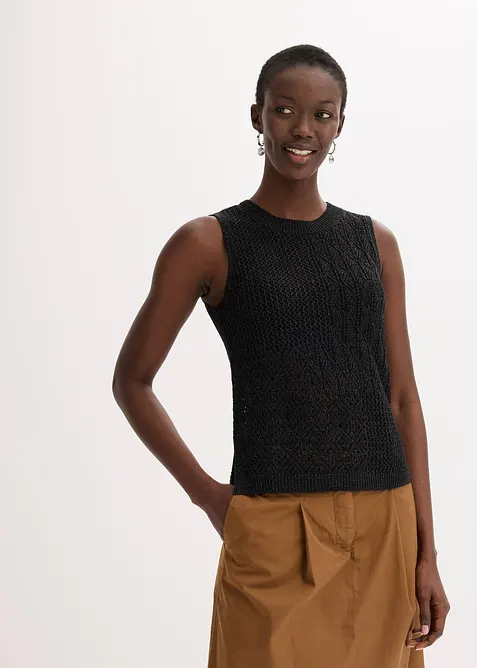 Stickad, ärmlös topp med hålmönster och Lurexgarn, bonprix