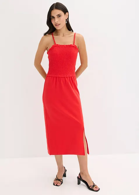 Smockad, mellanlång klänning i stabil jersey med slits, bonprix