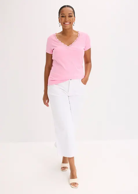 Ribbstickad topp med spetsdetalj (dubbelpack), bonprix