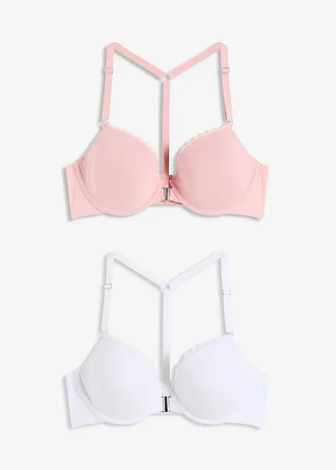 BH med formpressade kupor, knäppning fram och bygel, med bomull (2-pack), bonprix