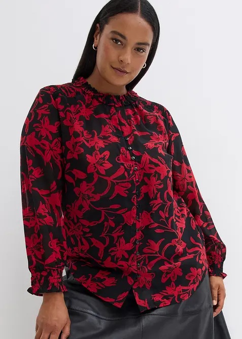 Chiffongblus med smockade detaljer, bonprix