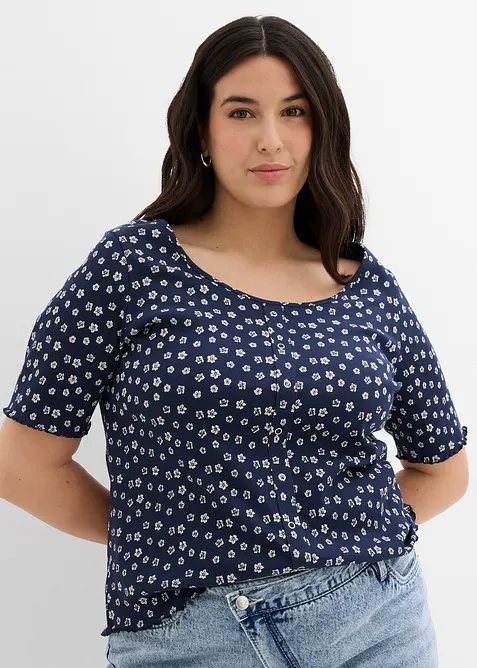 Ribbad topp med blommönster, halv ärm, bonprix
