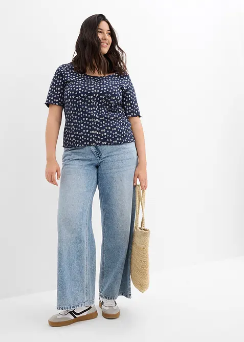 Ribbad topp med blommönster, halv ärm, bonprix