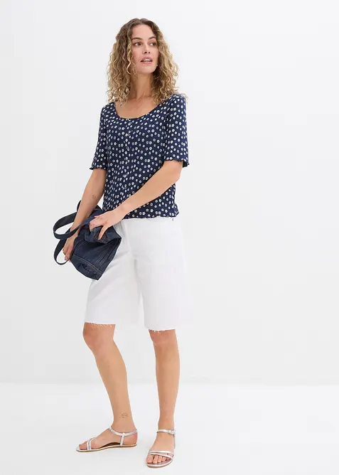 Ribbad topp med blommönster, halv ärm, bonprix