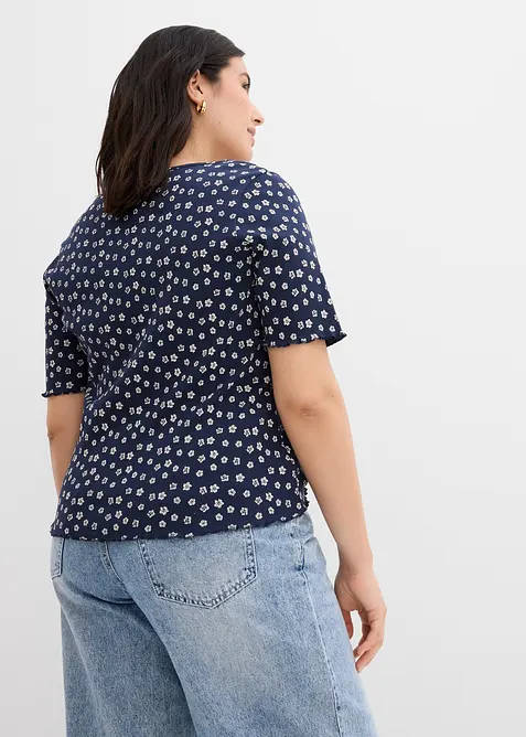 Ribbad topp med blommönster, halv ärm, bonprix