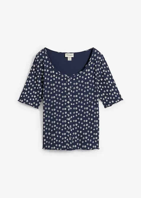 Ribbad topp med blommönster, halv ärm, bonprix