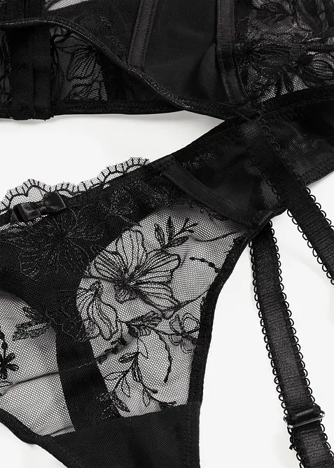 Korsett med bygel och stringtrosa med elegant broderi (2 delar), bonprix